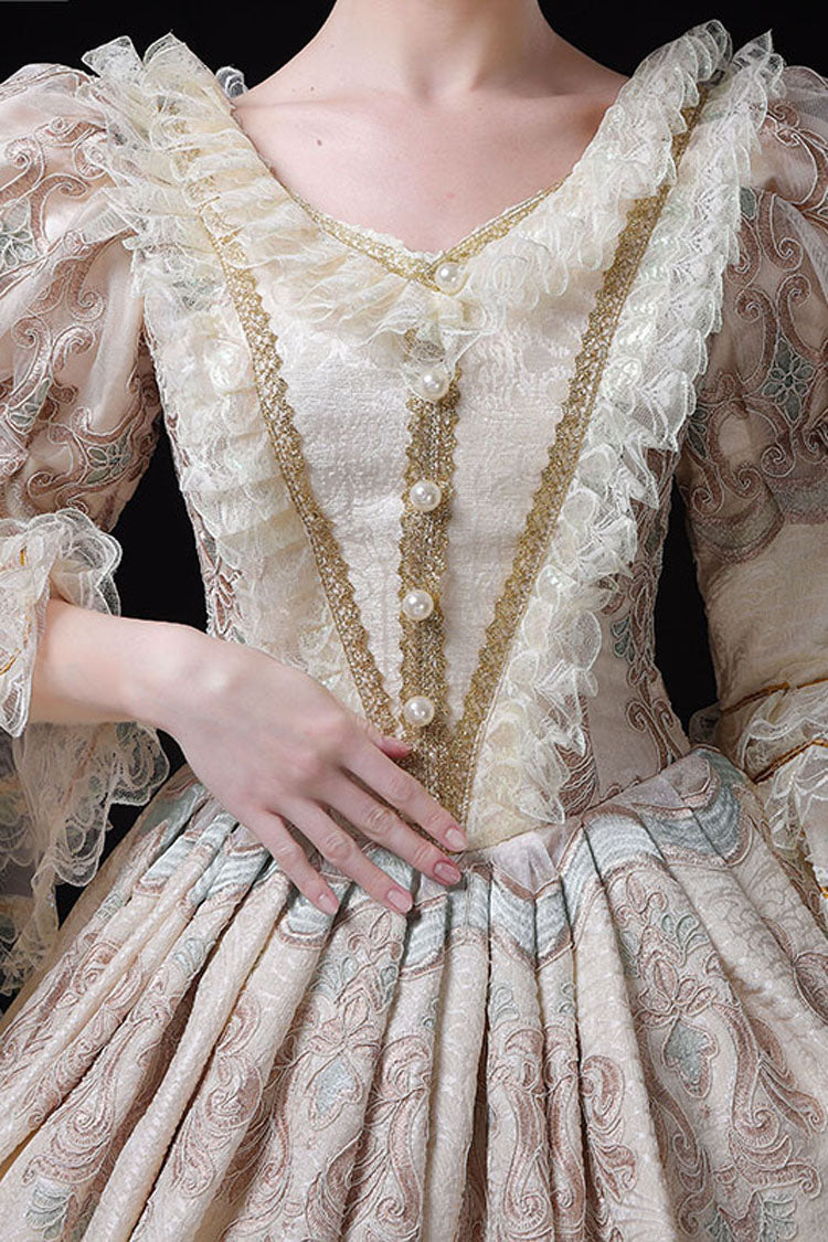 Sweet Lolita Dress - Champagne Trumpet Sleeves, Champagne, High Waist, Lace Trim, Printed - additional product view 4