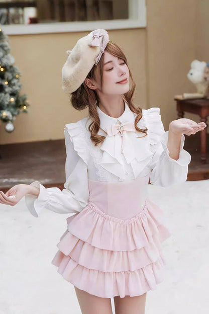 Sweet Lolita Dress - Cherry Blossom Snow, Pink, Ruffled, Layered, Long Sleeves - additional product view 4
