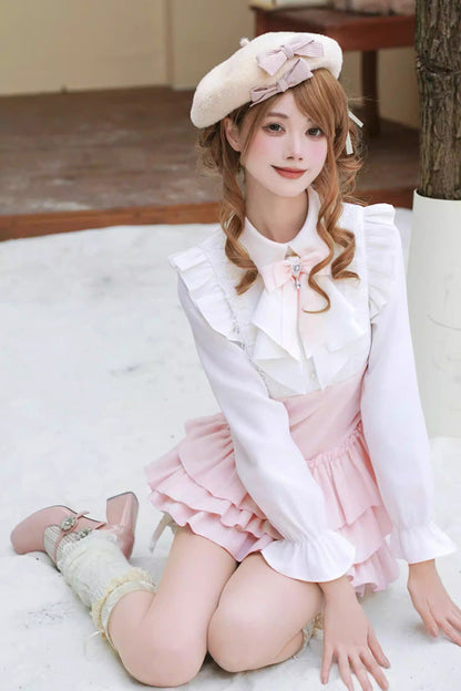 Sweet Lolita Dress - Cherry Blossom Snow, Pink, Ruffled, Layered, Long Sleeves - additional product view 5