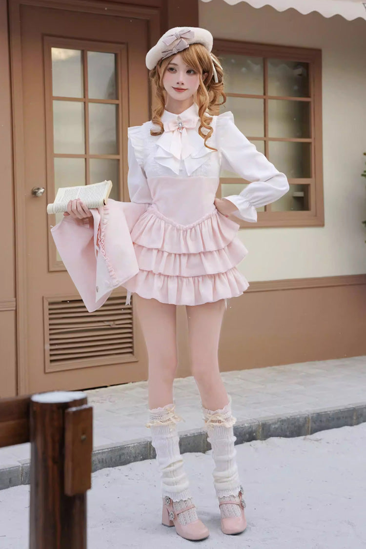 Sweet Lolita Dress - Cherry Blossom Snow, Pink, Ruffled, Layered, Long Sleeves - main product image