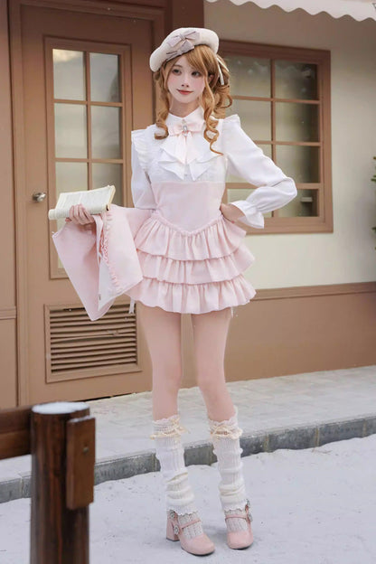 Sweet Lolita Dress - Cherry Blossom Snow, Pink, Ruffled, Layered, Long Sleeves - main product image