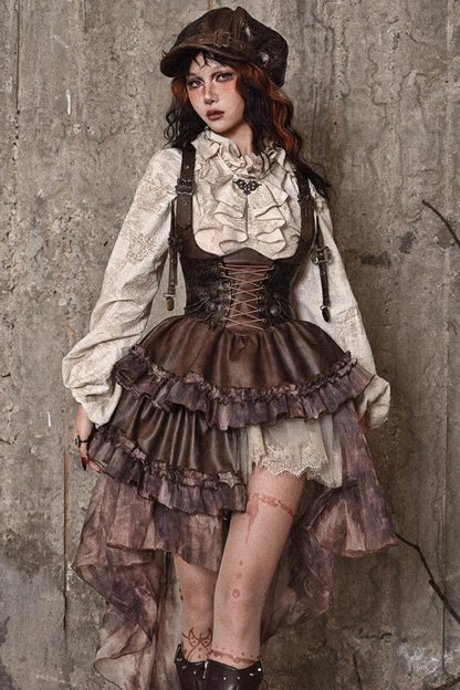 Sweet Lolita Dress - Chest Straps, Brown, Detachable Detail, Punk Style, Ruffled - additional product view 5