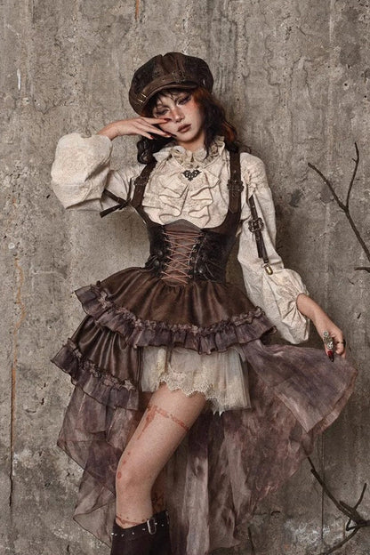 Sweet Lolita Dress - Chest Straps, Brown, Detachable Detail, Punk Style, Ruffled - additional product view 10