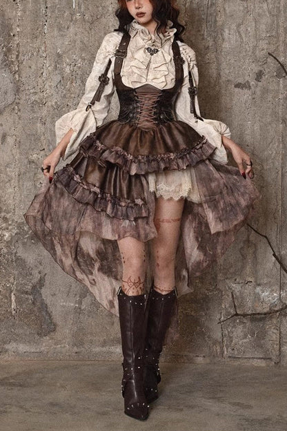 Sweet Lolita Dress - Chest Straps, Brown, Detachable Detail, Punk Style, Ruffled - main product image