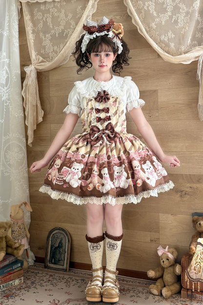 Sweet Lolita Dress - Chocolate Brownie, 2 Colors, Ruffled, Printed, Bow Detail - additional product view 3