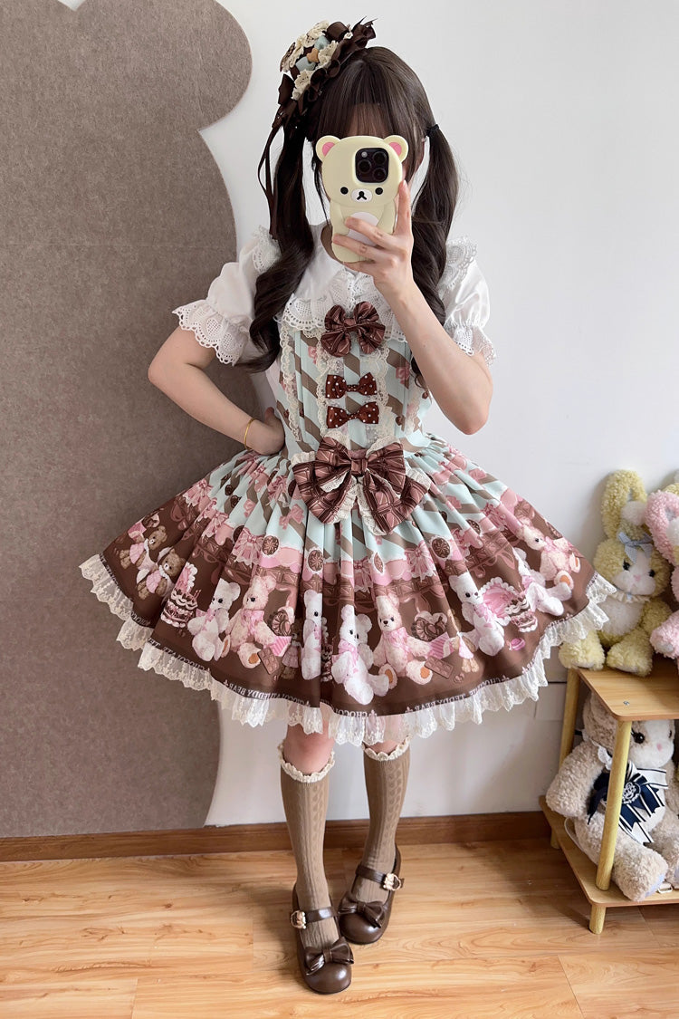 Sweet Lolita Dress - Chocolate Brownie, 2 Colors, Ruffled, Printed, Bow Detail - additional product view 4