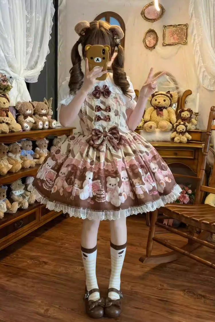 Sweet Lolita Dress - Chocolate Brownie, 2 Colors, Ruffled, Printed, Bow Detail - additional product view 5