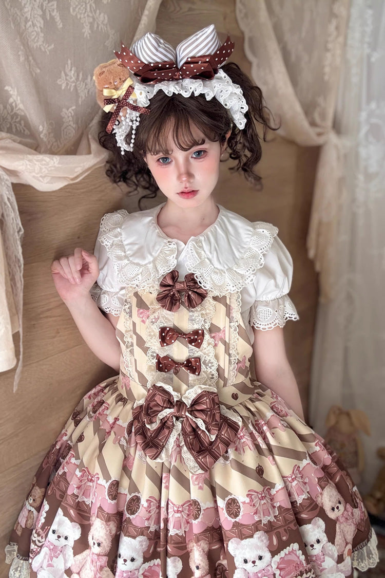 Sweet Lolita Dress - Chocolate Brownie, 2 Colors, Ruffled, Printed, Bow Detail - additional product view 6