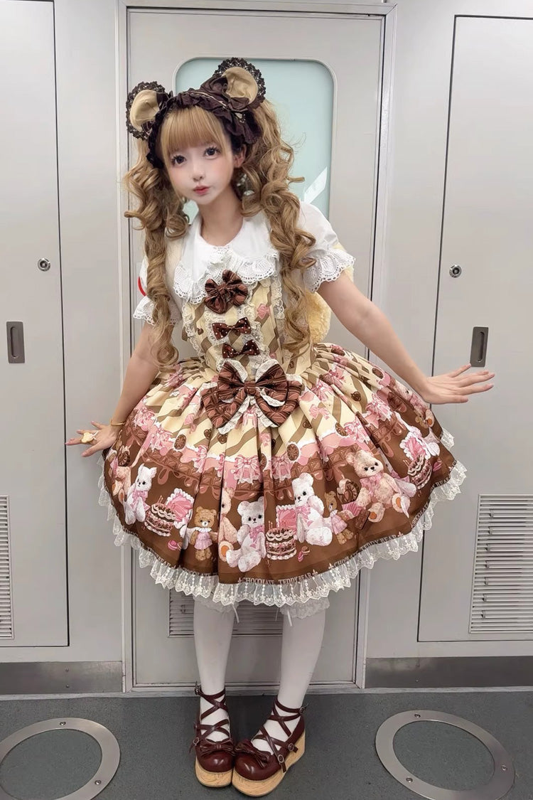 Sweet Lolita Dress - Chocolate Brownie, 2 Colors, Ruffled, Printed, Bow Detail - additional product view 7