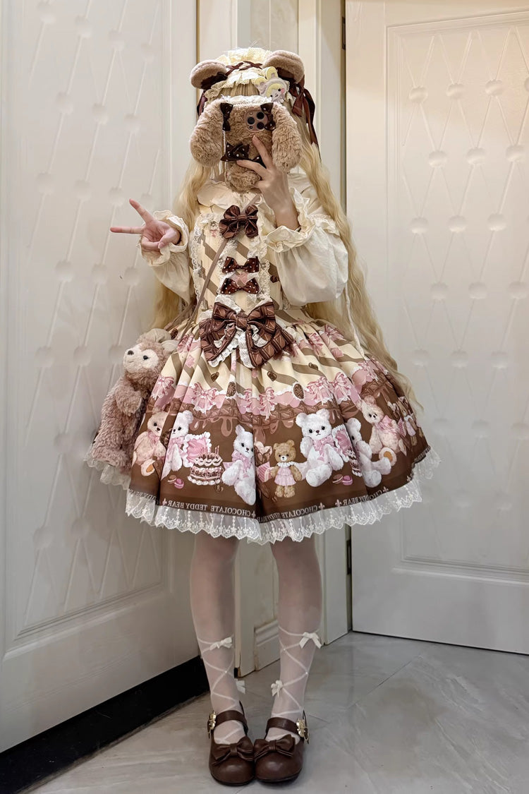 Sweet Lolita Dress - Chocolate Brownie, 2 Colors, Ruffled, Printed, Bow Detail - additional product view 8