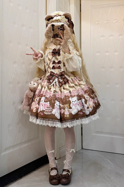 Sweet Lolita Dress - Chocolate Brownie, 2 Colors, Ruffled, Printed, Bow Detail - additional product view 8
