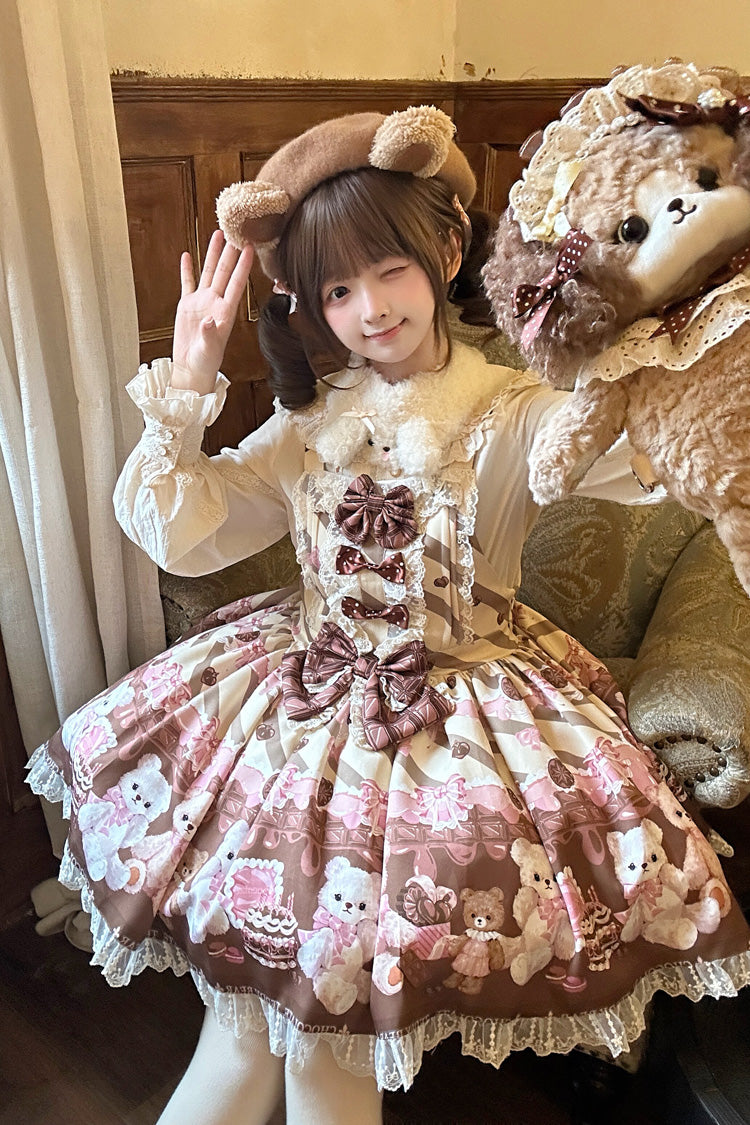 Sweet Lolita Dress - Chocolate Brownie, 2 Colors, Ruffled, Printed, Bow Detail - additional product view 9