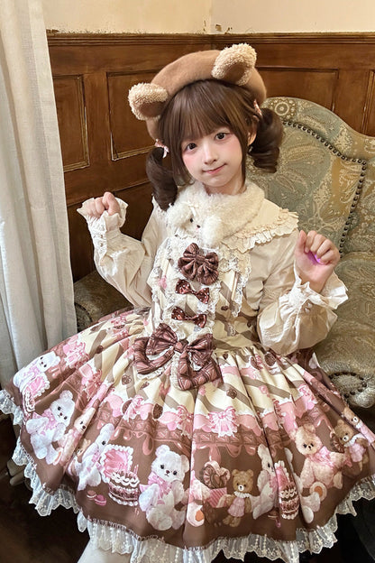 Sweet Lolita Dress - Chocolate Brownie, 2 Colors, Ruffled, Printed, Bow Detail - additional product view 10
