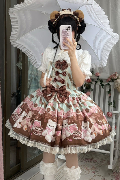 Sweet Lolita Dress - Chocolate Brownie, 2 Colors, Ruffled, Printed, Bow Detail - main product image