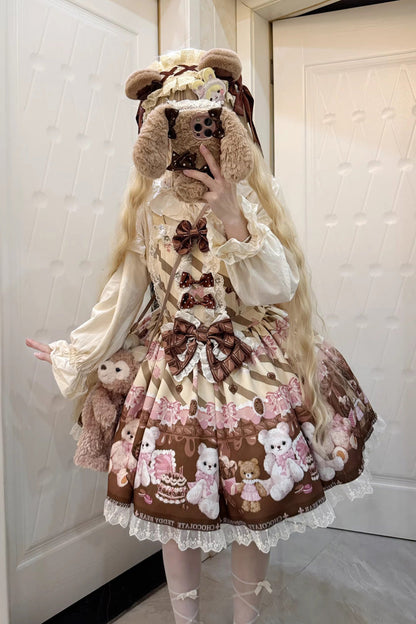 Sweet Lolita Dress - Chocolate Brownie, 2 Colors, Ruffled, Printed, Bow Detail - S Beige / M Beige / L Beige option