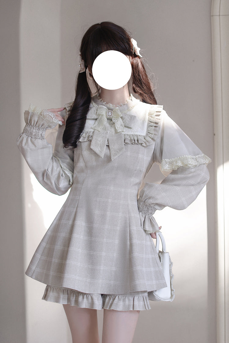 Sweet Lolita Dress - Cocoa Brownie, Brown, Plaid, Bow Detail, Lace Trim - main product image