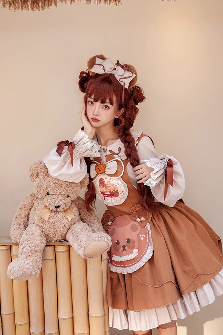 Sweet Lolita Dress - Cookie Bear Multi-layer Print, Brown, Printed, Bow Detail, Ruffled - additional product view 2