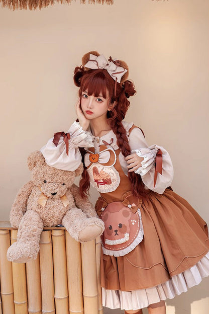 Sweet Lolita Dress - Cookie Bear Multi-layer Print, Brown, Printed, Bow Detail, Ruffled - additional product view 2