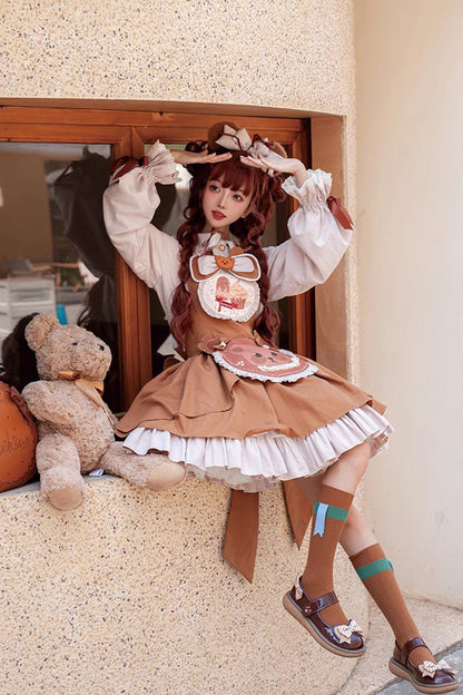 Sweet Lolita Dress - Cookie Bear Multi-layer Print, Brown, Printed, Bow Detail, Ruffled - additional product view 3