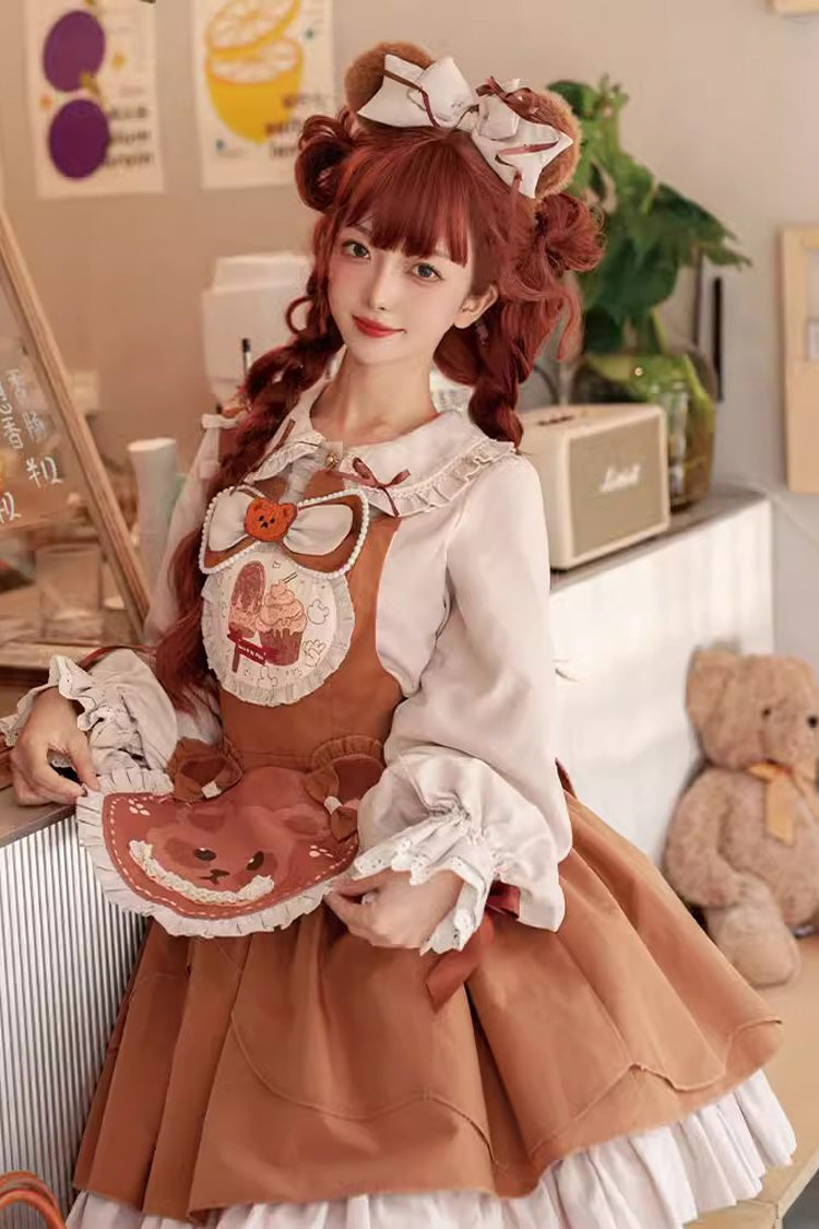 Sweet Lolita Dress - Cookie Bear Multi-layer Print, Brown, Printed, Bow Detail, Ruffled - additional product view 5