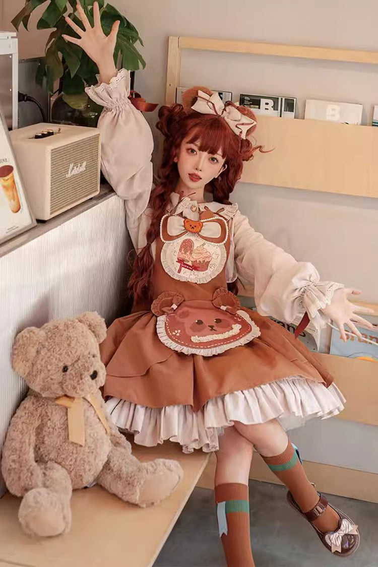 Sweet Lolita Dress - Cookie Bear Multi-layer Print, Brown, Printed, Bow Detail, Ruffled - additional product view 6