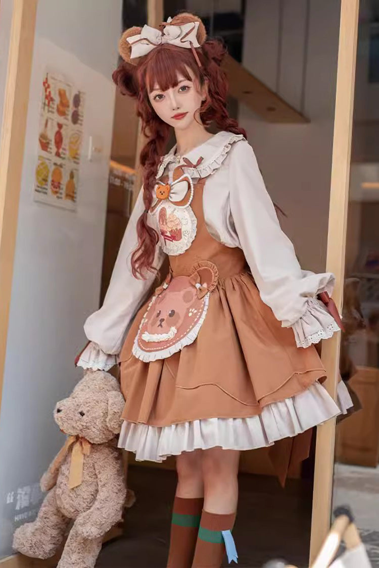 Sweet Lolita Dress - Cookie Bear Multi-layer Print, Brown, Printed, Bow Detail, Ruffled - additional product view 7