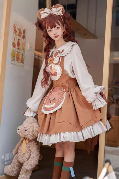 Sweet Lolita Dress - Cookie Bear Multi-layer Print, Brown, Printed, Bow Detail, Ruffled - additional product view 7