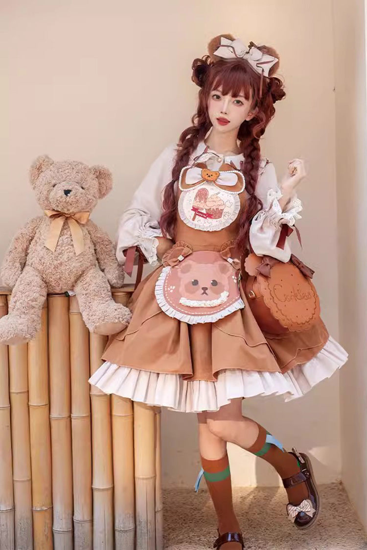 Sweet Lolita Dress - Cookie Bear Multi-layer Print, Brown, Printed, Bow Detail, Ruffled - main product image