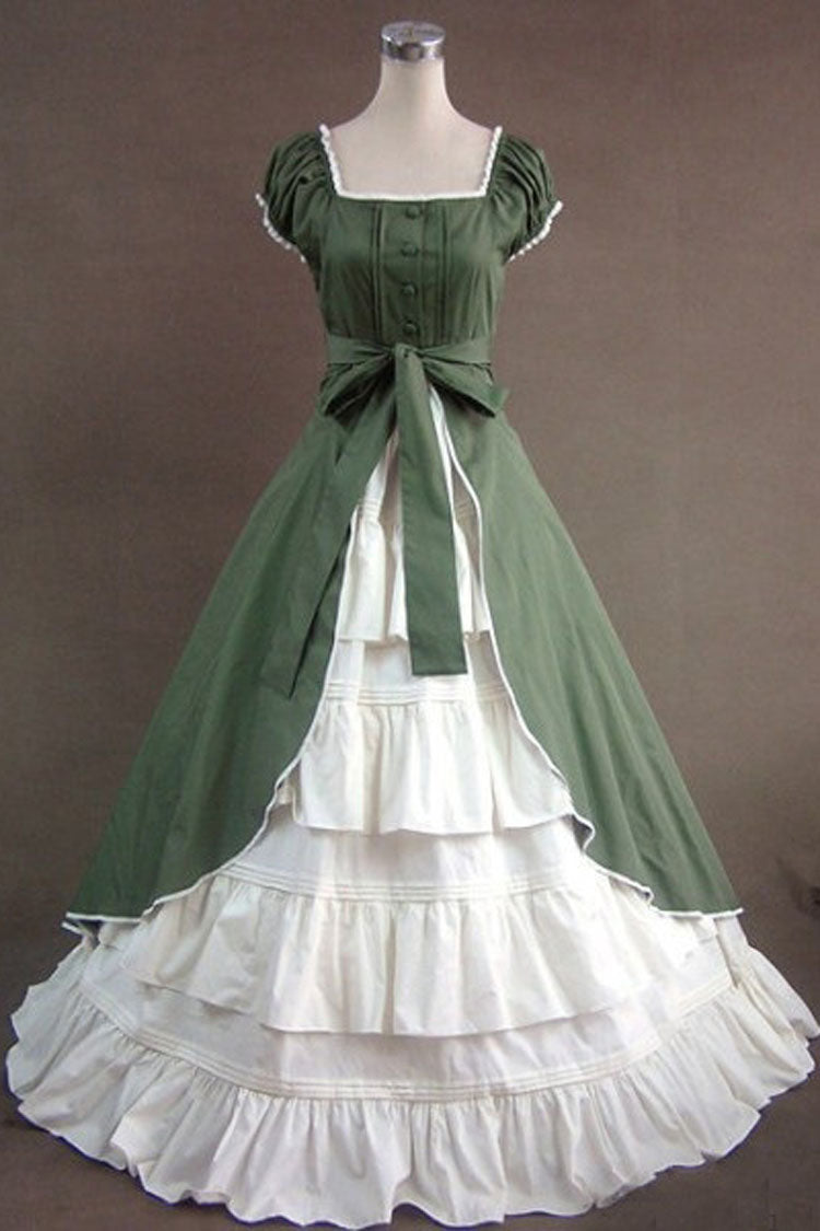 Sweet Lolita Dress - Cotton Square Collar Cap Sleeves, Green, Square Collar, Bow Detail - main product image