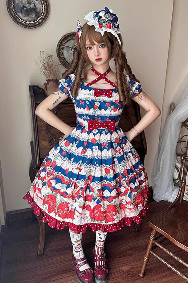 Sweet Lolita Dress - Cream Berry Fairy Red/blue, 2 Colors, Printed, Bow Detail, Ruffled - additional product view 2