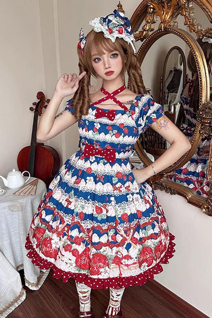 Sweet Lolita Dress - Cream Berry Fairy Red/blue, 2 Colors, Printed, Bow Detail, Ruffled - additional product view 3