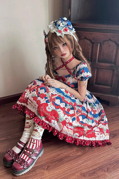 Sweet Lolita Dress - Cream Berry Fairy Red/blue, 2 Colors, Printed, Bow Detail, Ruffled - additional product view 4