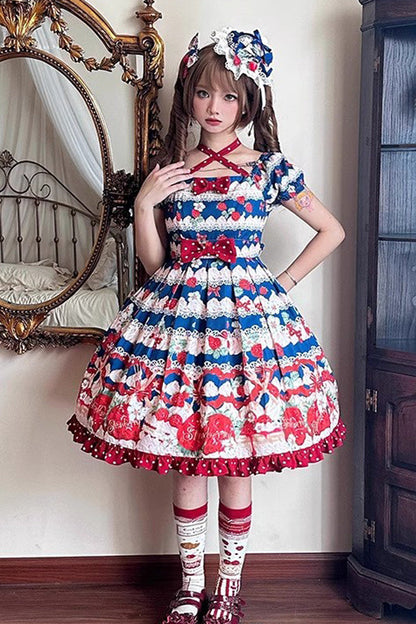 Sweet Lolita Dress - Cream Berry Fairy Red/blue, 2 Colors, Printed, Bow Detail, Ruffled - additional product view 5