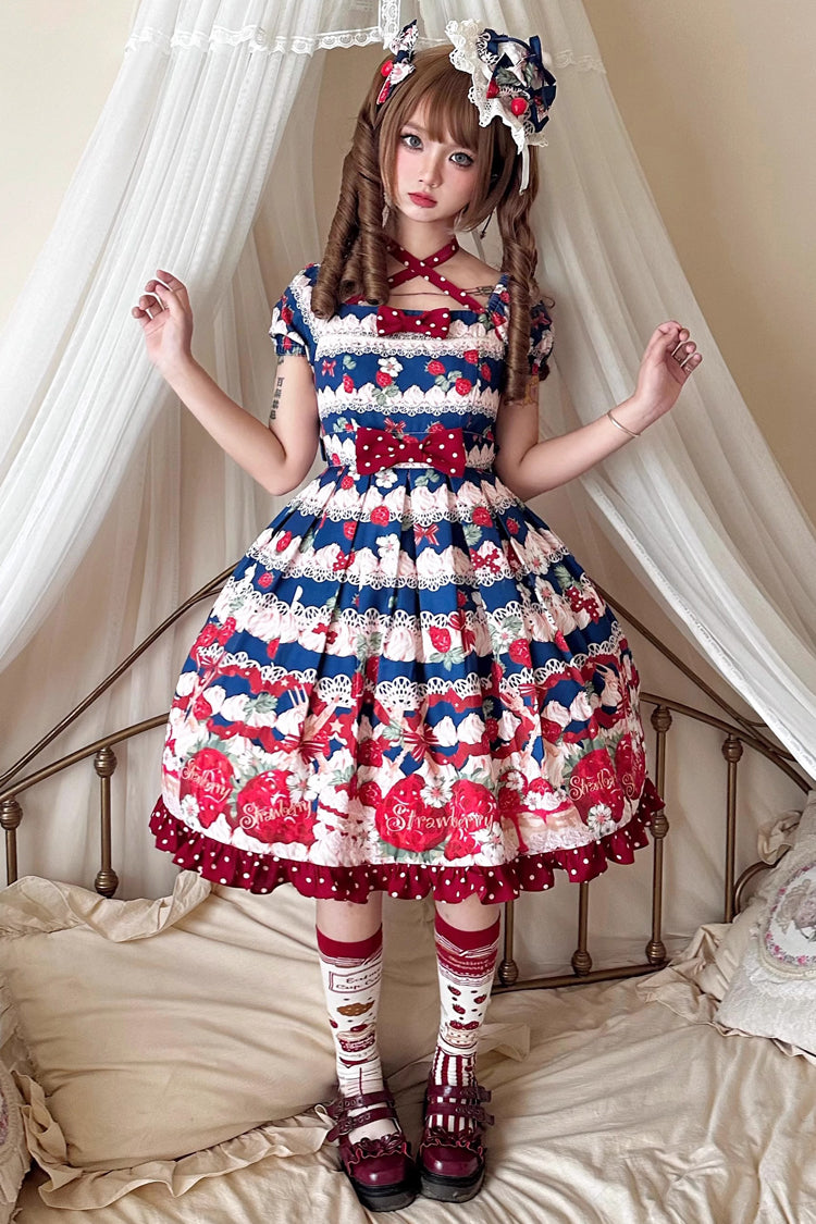 Sweet Lolita Dress - Cream Berry Fairy Red/blue, 2 Colors, Printed, Bow Detail, Ruffled - main product image
