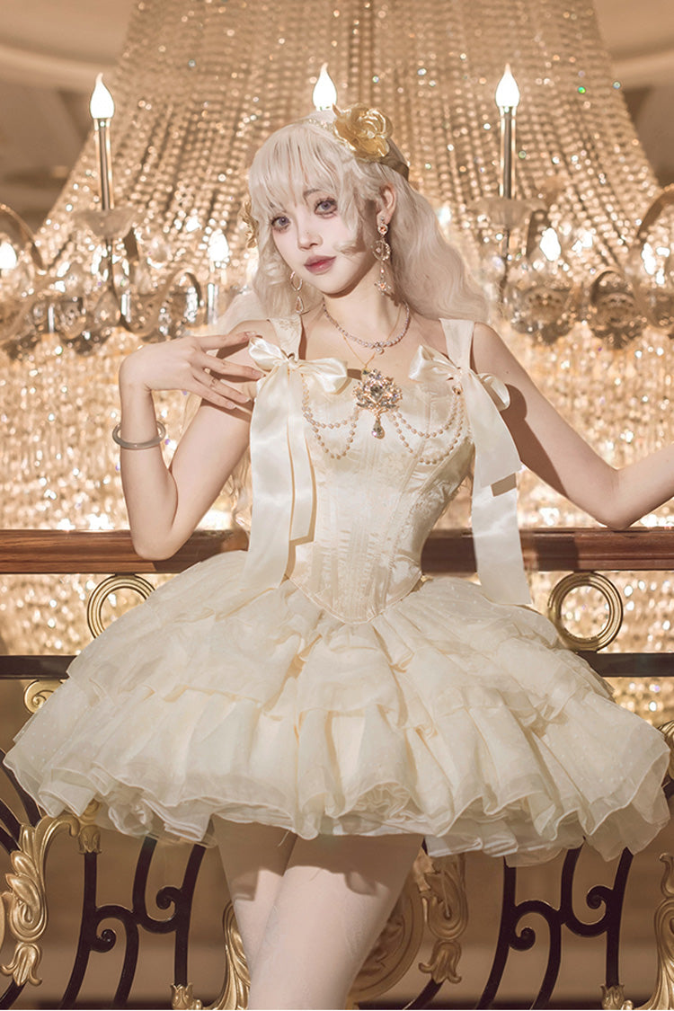Sweet Lolita Dress - Cream Polka Dots, Champagne, Bow Detail, Lace Trim - additional product view 2