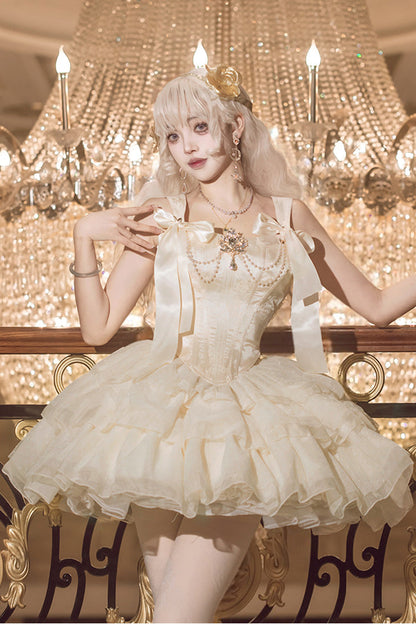 Sweet Lolita Dress - Cream Polka Dots, Champagne, Bow Detail, Lace Trim - additional product view 2