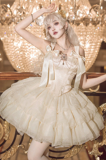 Sweet Lolita Dress - Cream Polka Dots, Champagne, Bow Detail, Lace Trim - additional product view 3