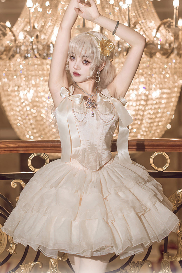 Sweet Lolita Dress - Cream Polka Dots, Champagne, Bow Detail, Lace Trim - additional product view 5