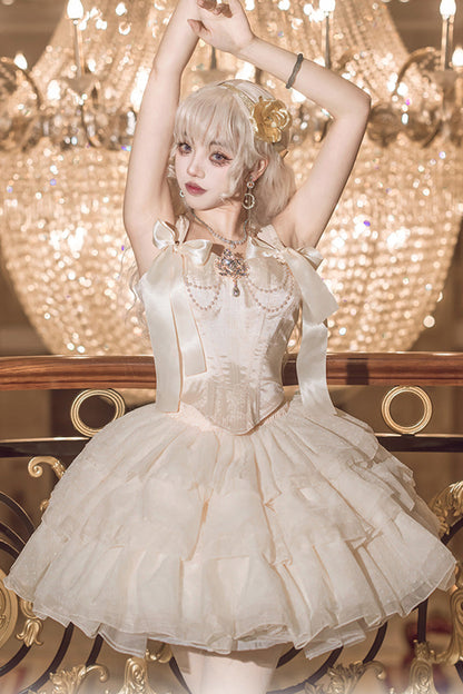 Sweet Lolita Dress - Cream Polka Dots, Champagne, Bow Detail, Lace Trim - additional product view 5