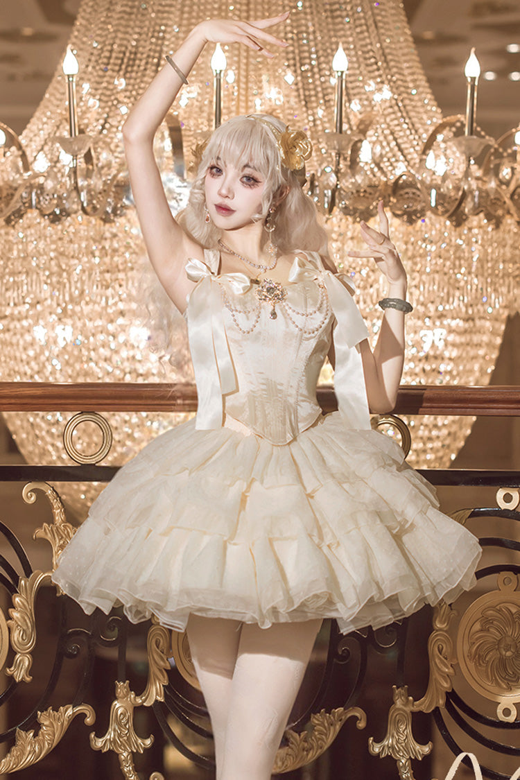 Sweet Lolita Dress - Cream Polka Dots, Champagne, Bow Detail, Lace Trim - additional product view 6