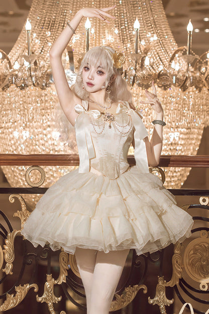Sweet Lolita Dress - Cream Polka Dots, Champagne, Bow Detail, Lace Trim - additional product view 6