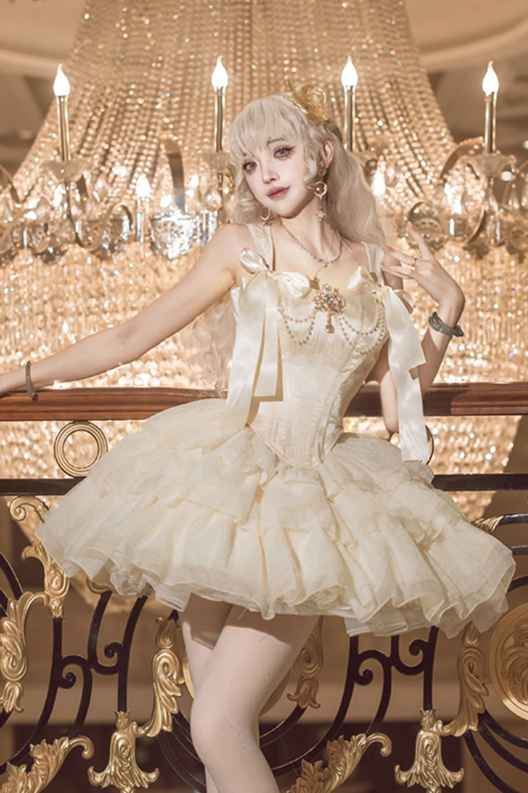 Sweet Lolita Dress - Cream Polka Dots, Champagne, Bow Detail, Lace Trim - additional product view 7