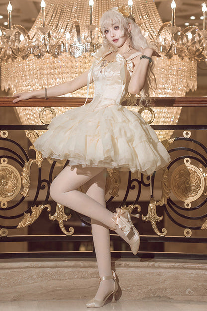 Sweet Lolita Dress - Cream Polka Dots, Champagne, Bow Detail, Lace Trim - additional product view 8