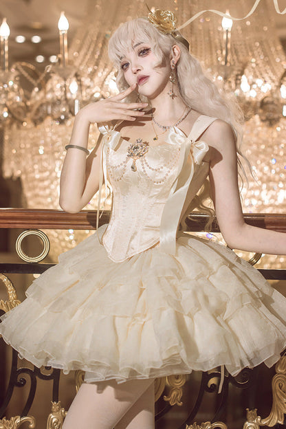 Sweet Lolita Dress - Cream Polka Dots, Champagne, Bow Detail, Lace Trim - main product image