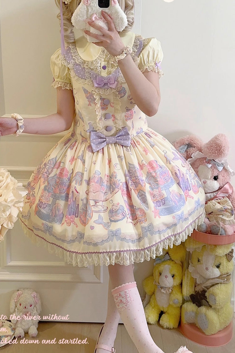 Sweet Lolita Dress - Cream Soda Mermaid Print Light, Yellow, Lace Trim, Printed - additional product view 2