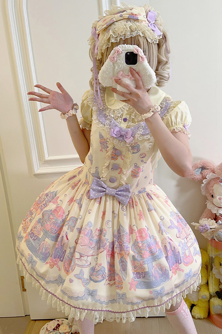Sweet Lolita Dress - Cream Soda Mermaid Print Light, Yellow, Lace Trim, Printed - additional product view 3