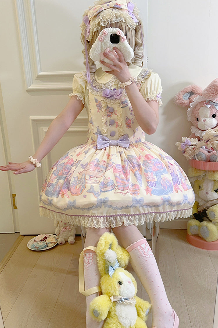 Sweet Lolita Dress - Cream Soda Mermaid Print Light, Yellow, Lace Trim, Printed - additional product view 7