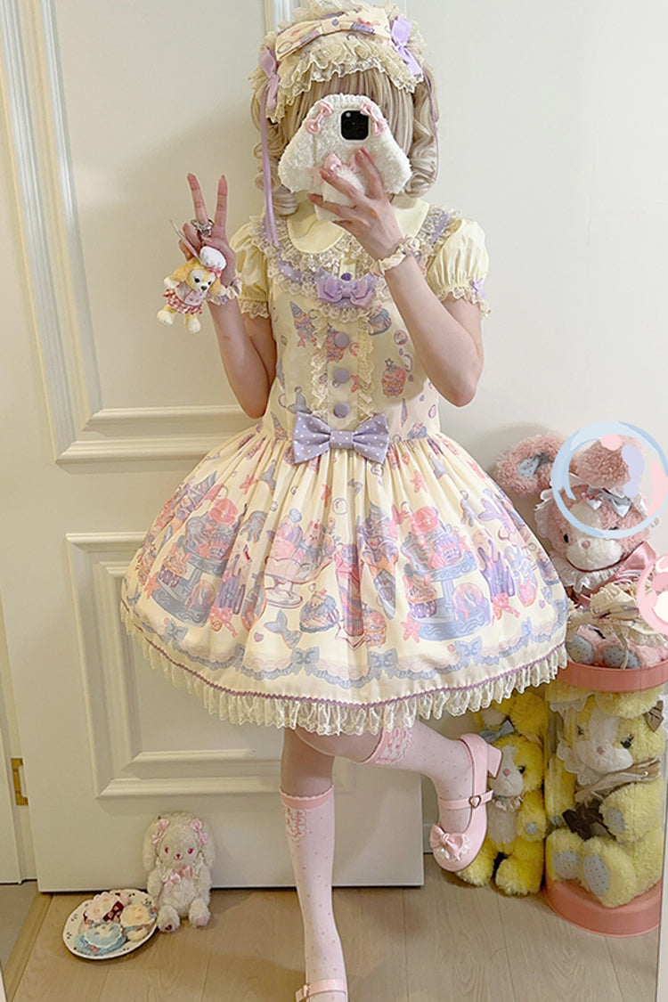 Sweet Lolita Dress - Cream Soda Mermaid Print Light, Yellow, Lace Trim, Printed - additional product view 8