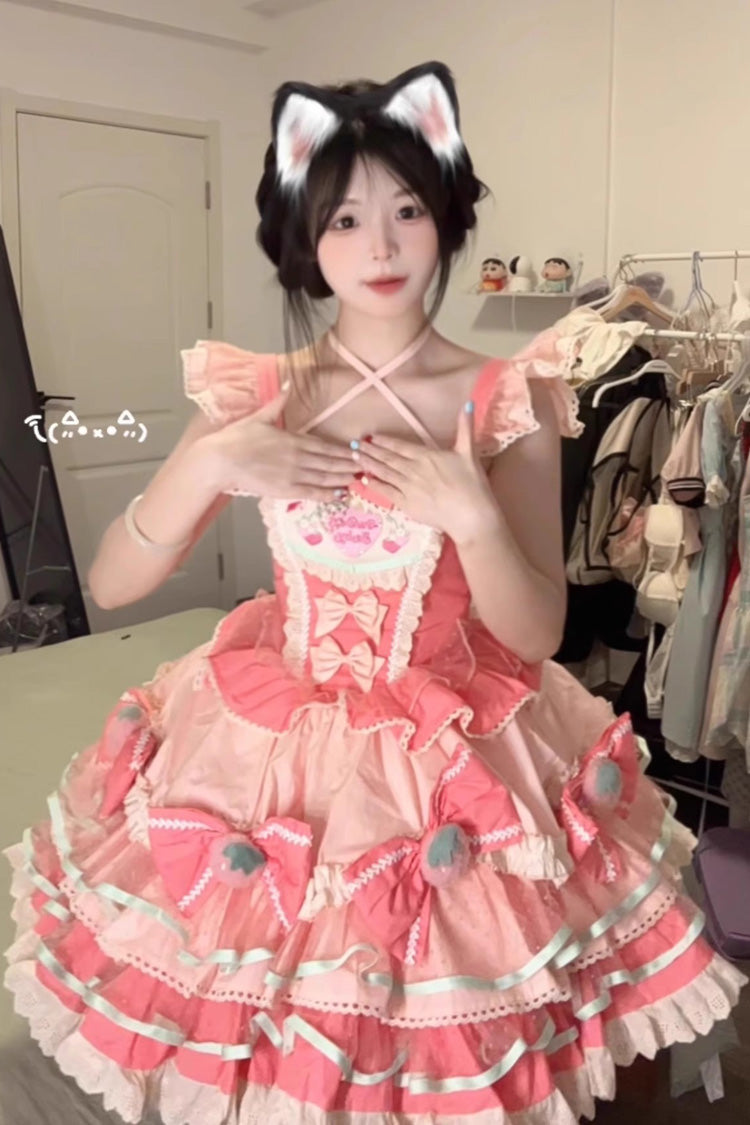 Sweet Lolita Dress - Cream Strawberries, Pink, Printed, Layered, Bow Detail - additional product view 2