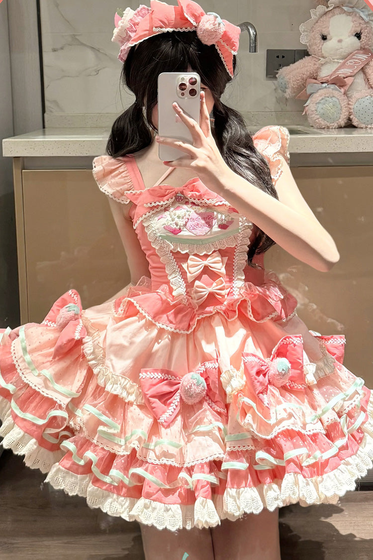 Sweet Lolita Dress - Cream Strawberries, Pink, Printed, Layered, Bow Detail - additional product view 3